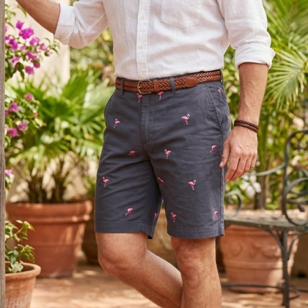 Chaps Charcoal Gray Flamingo Embroidered Flat Front Shorts